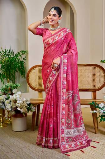 pink shimmer handloom cotton blend saree with ethnic motif border print (sfshmr19)