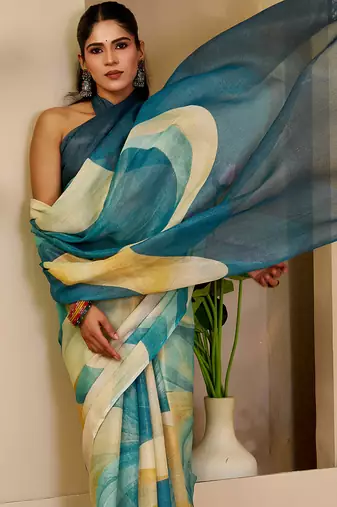 women's teal turquoise tissue shimmer handloom cotton digital print saree