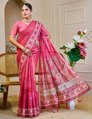 pink shimmer handloom cotton blend saree with ethnic motif border print (sfshmr19) 2