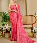 Women's pink magenta tissue shimmer handloom cotton saree - bandhani paisley print (sfshmr17)