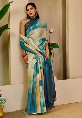 Women's teal turquoise tissue shimmer handloom cotton digital print saree (sfshmr20) 4