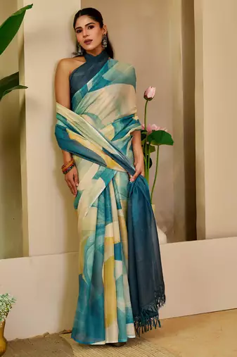 women's teal turquoise tissue shimmer handloom cotton digital print saree
