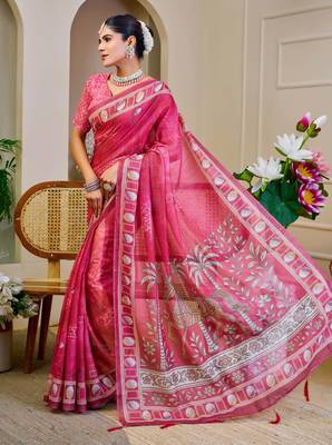 pink shimmer handloom cotton blend saree with ethnic motif border print (sfshmr19) 3