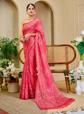 Women's pink magenta tissue shimmer handloom cotton saree - bandhani paisley print (sfshmr17) 2
