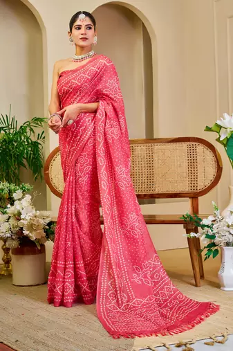 women's pink magenta tissue shimmer handloom cotton saree - bandhani paisley print