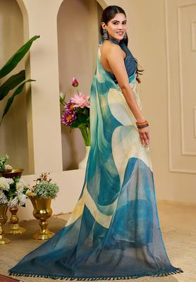 Women's teal turquoise tissue shimmer handloom cotton digital print saree (sfshmr20) 5