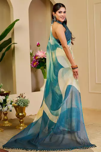 women's teal turquoise tissue shimmer handloom cotton digital print saree
