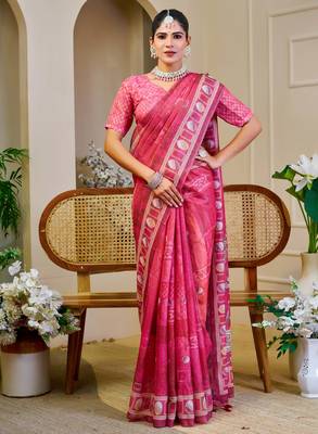 pink shimmer handloom cotton blend saree with ethnic motif border print (sfshmr19) 4