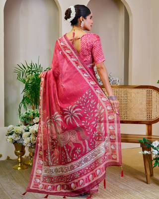 pink shimmer handloom cotton blend saree with ethnic motif border print (sfshmr19) 5