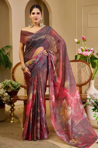 mauve purple shimmer handloom cotton blend saree brush stroke abstract print