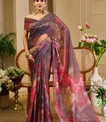 mauve purple shimmer handloom cotton blend saree brush stroke abstract print (sfshmr15)
