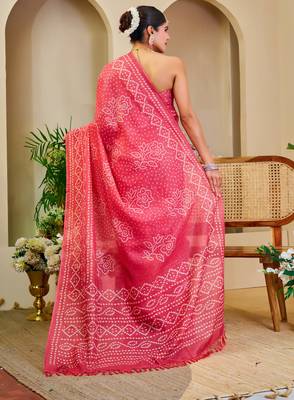 Women's pink magenta tissue shimmer handloom cotton saree - bandhani paisley print (sfshmr17) 4