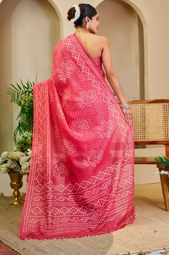 women's pink magenta tissue shimmer handloom cotton saree - bandhani paisley print
