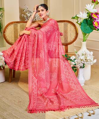 Women's pink magenta tissue shimmer handloom cotton saree - bandhani paisley print (sfshmr17) 5