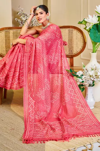 women's pink magenta tissue shimmer handloom cotton saree - bandhani paisley print
