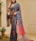 blue pink shimmer handloom cotton blend digital print saree (sfshmr12)