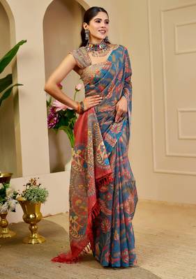 blue pink shimmer handloom cotton blend digital print saree (sfshmr12) 2