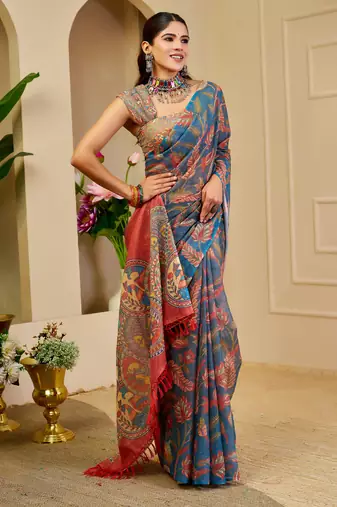 blue pink shimmer handloom cotton blend digital print saree