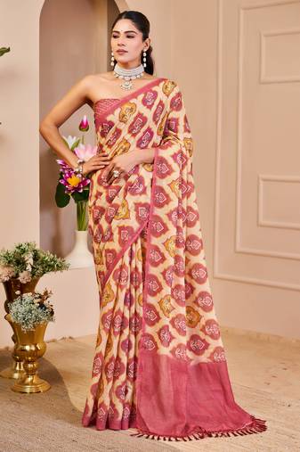cream pink shimmer handloom cotton blend saree with ikat geometric border print