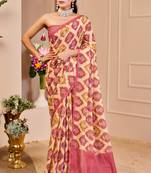 cream pink shimmer handloom cotton blend saree with ikat geometric border print (sfshmr11)