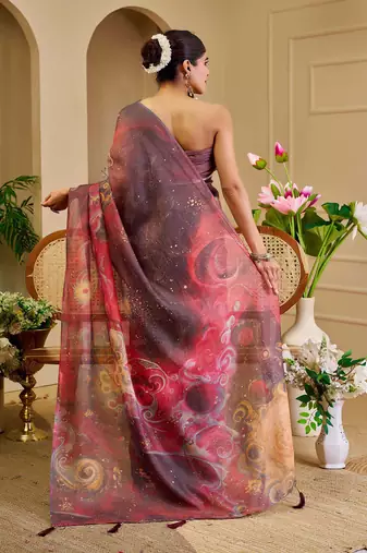 mauve purple shimmer handloom cotton blend saree brush stroke abstract print
