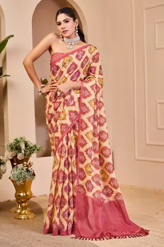 cream pink shimmer handloom cotton blend saree with ikat geometric border print