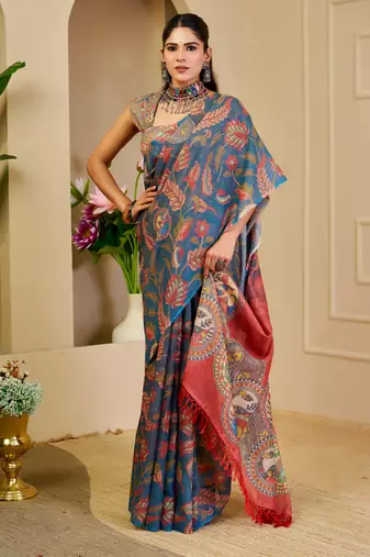 blue pink shimmer handloom cotton blend digital print saree