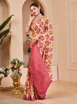 cream pink shimmer handloom cotton blend saree with ikat geometric border print (sfshmr11) 3