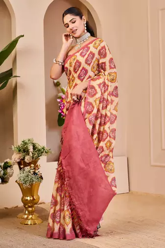 cream pink shimmer handloom cotton blend saree with ikat geometric border print