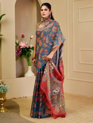 blue pink shimmer handloom cotton blend digital print saree (sfshmr12) 5