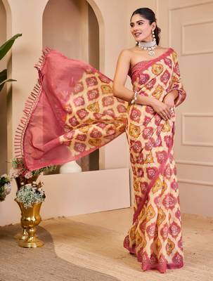 cream pink shimmer handloom cotton blend saree with ikat geometric border print (sfshmr11) 4