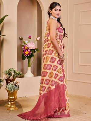cream pink shimmer handloom cotton blend saree with ikat geometric border print (sfshmr11) 5
