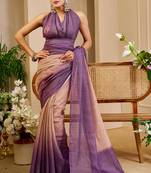 purple mauve shimmer handloom cotton blend saree with ombre plain to print (sfshmr6)