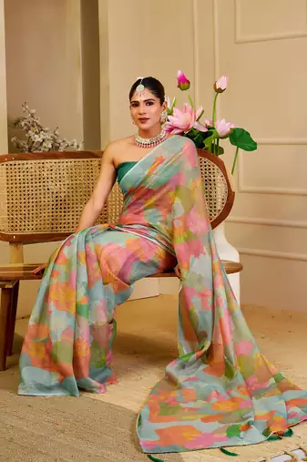 multicolor shimmer handloom cotton blend saree abstract floral print