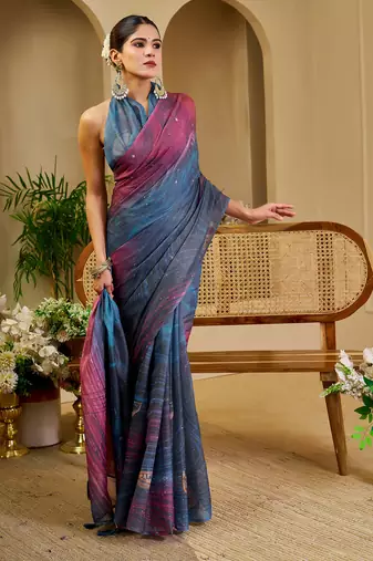 blue purple shimmer handloom cotton blend digital print saree