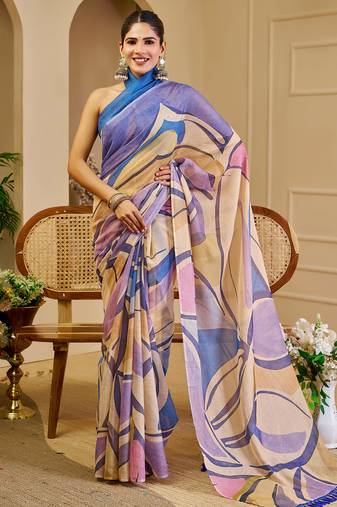 beige purple shimmer handloom cotton blend saree with abstract swirl print (sfshmr5)