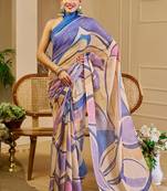 beige purple shimmer handloom cotton blend saree with abstract swirl print (sfshmr5)