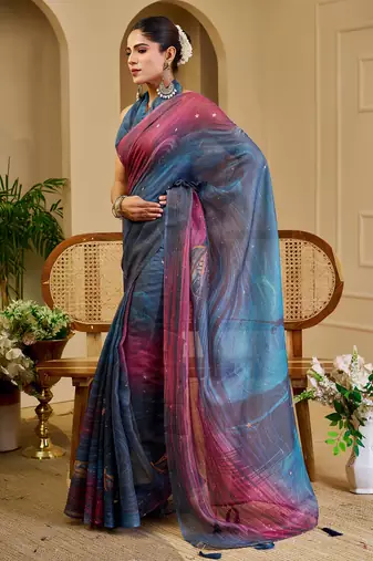 blue purple shimmer handloom cotton blend digital print saree