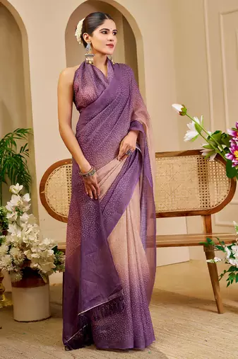 purple mauve shimmer handloom cotton blend saree with ombre plain to print