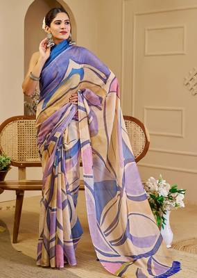 beige purple shimmer handloom cotton blend saree with abstract swirl print (sfshmr5) 3