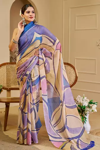beige purple shimmer handloom cotton blend saree with abstract swirl print