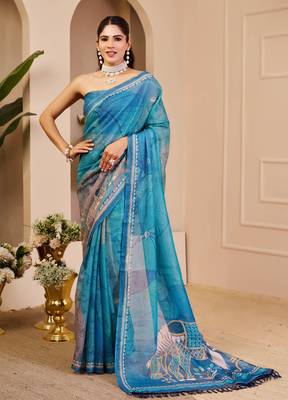 turquoise blue shimmer handloom cotton blend saree abstract floral print (sfshmr3) 1
