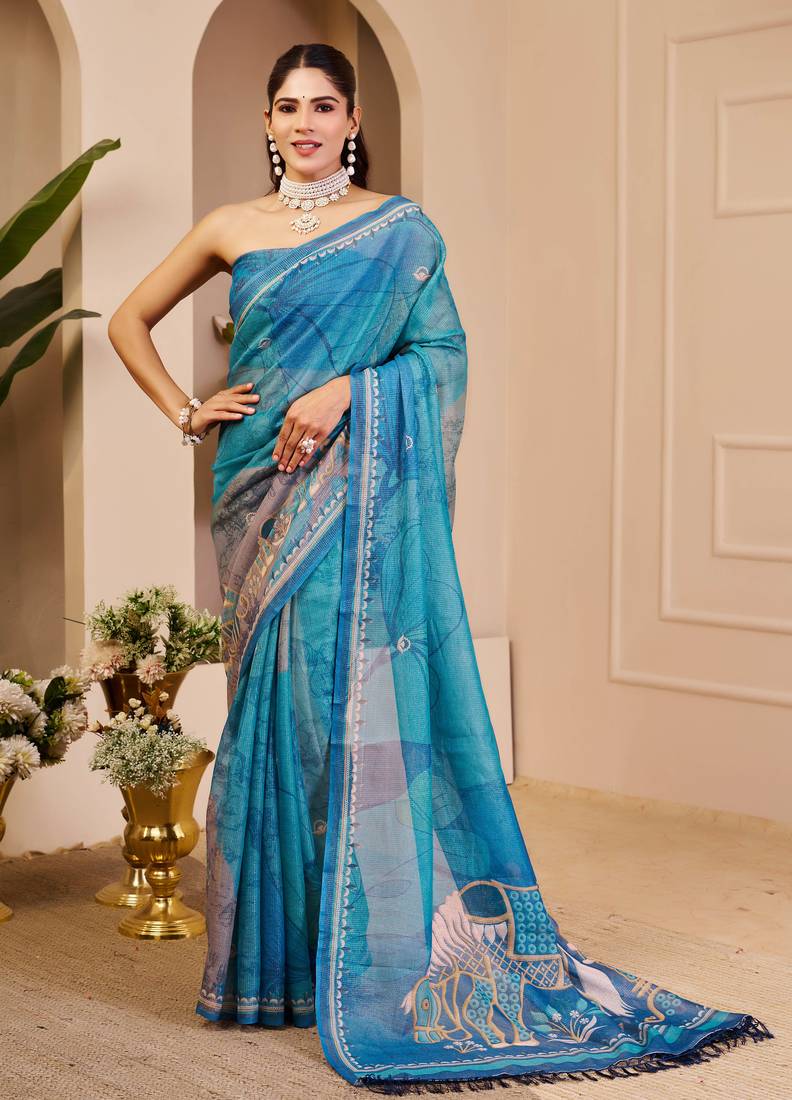 turquoise blue shimmer handloom cotton blend saree abstract floral print (sfshmr3)