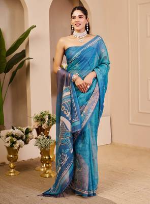 turquoise blue shimmer handloom cotton blend saree abstract floral print (sfshmr3) 2