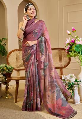 mauve purple shimmer handloom cotton blend saree floral print (sfshmr48) 1