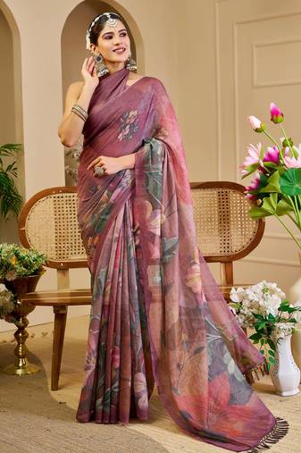 mauve purple shimmer handloom cotton blend saree floral print