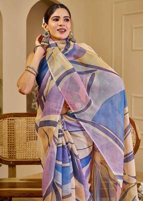 beige purple shimmer handloom cotton blend saree with abstract swirl print (sfshmr5) 5