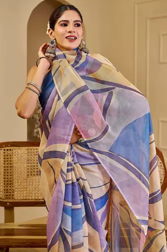 beige purple shimmer handloom cotton blend saree with abstract swirl print