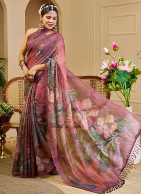 mauve purple shimmer handloom cotton blend saree floral print (sfshmr48) 2