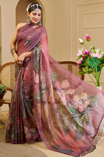 mauve purple shimmer handloom cotton blend saree floral print